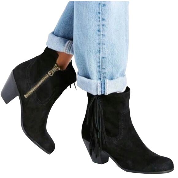 Sam Edelman Sz 6.5 Women's Louie Fringe Suede Ankle Booties Inside Zip 2.5" Heel - Picture 1 of 13